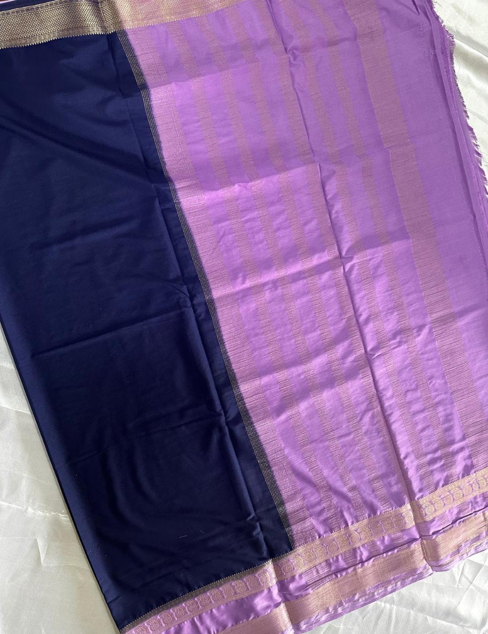 “Graceful Blue Crepe Silk Saree with Lavender Border”