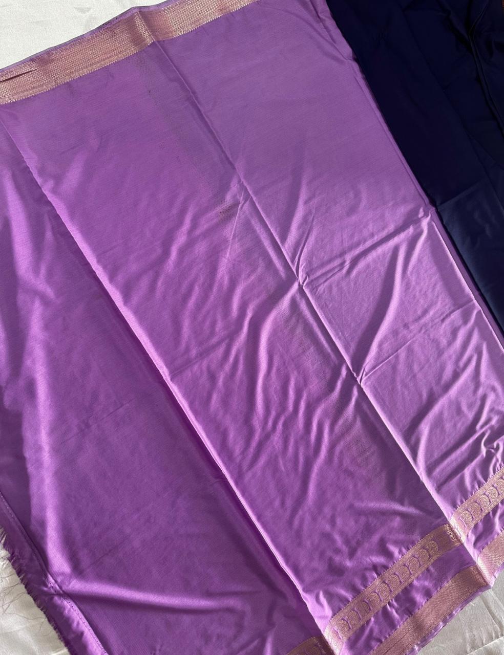 “Graceful Blue Crepe Silk Saree with Lavender Border”