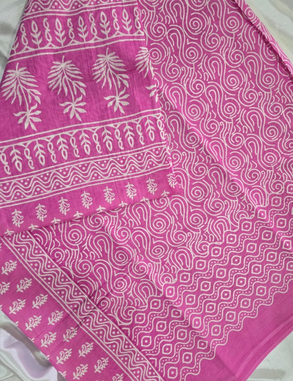 Pure Mulmul Cotton | White Handblock Floral & Swirl Print | Bright Pink Base | Soft, Lightweight & Breezy