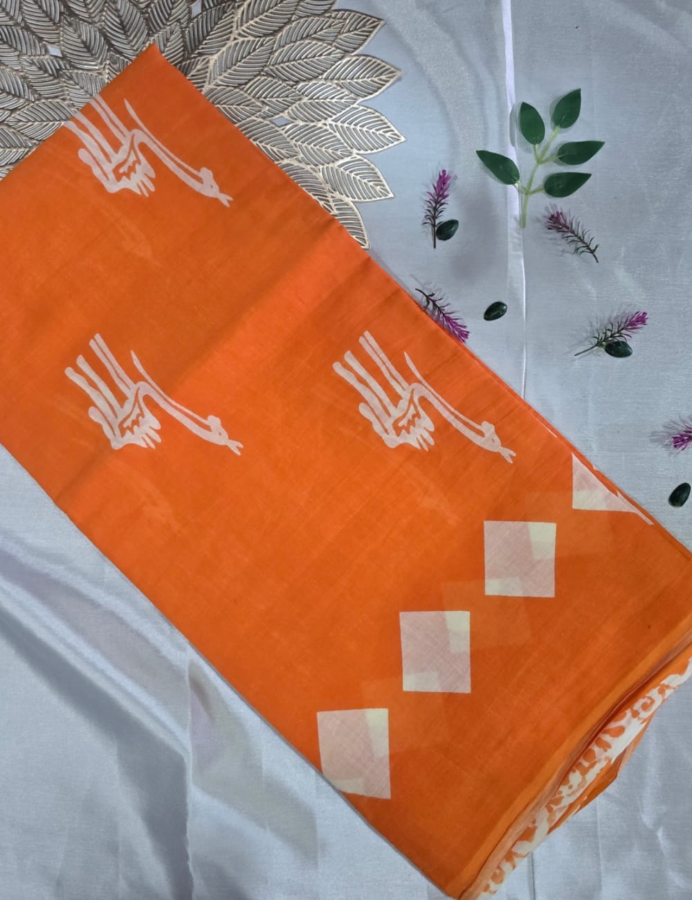 Pure Mulmul Cotton | White Bird & Geometric Print | Bright Orange Base | Soft, Lightweight & Breezy