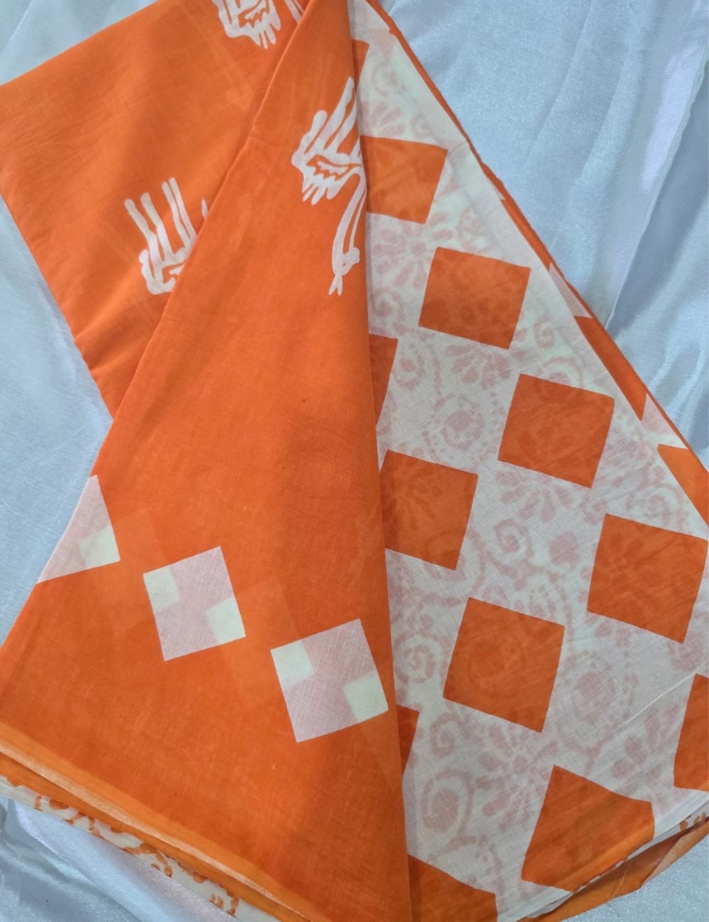 Pure Mulmul Cotton | White Bird & Geometric Print | Bright Orange Base | Soft, Lightweight & Breezy