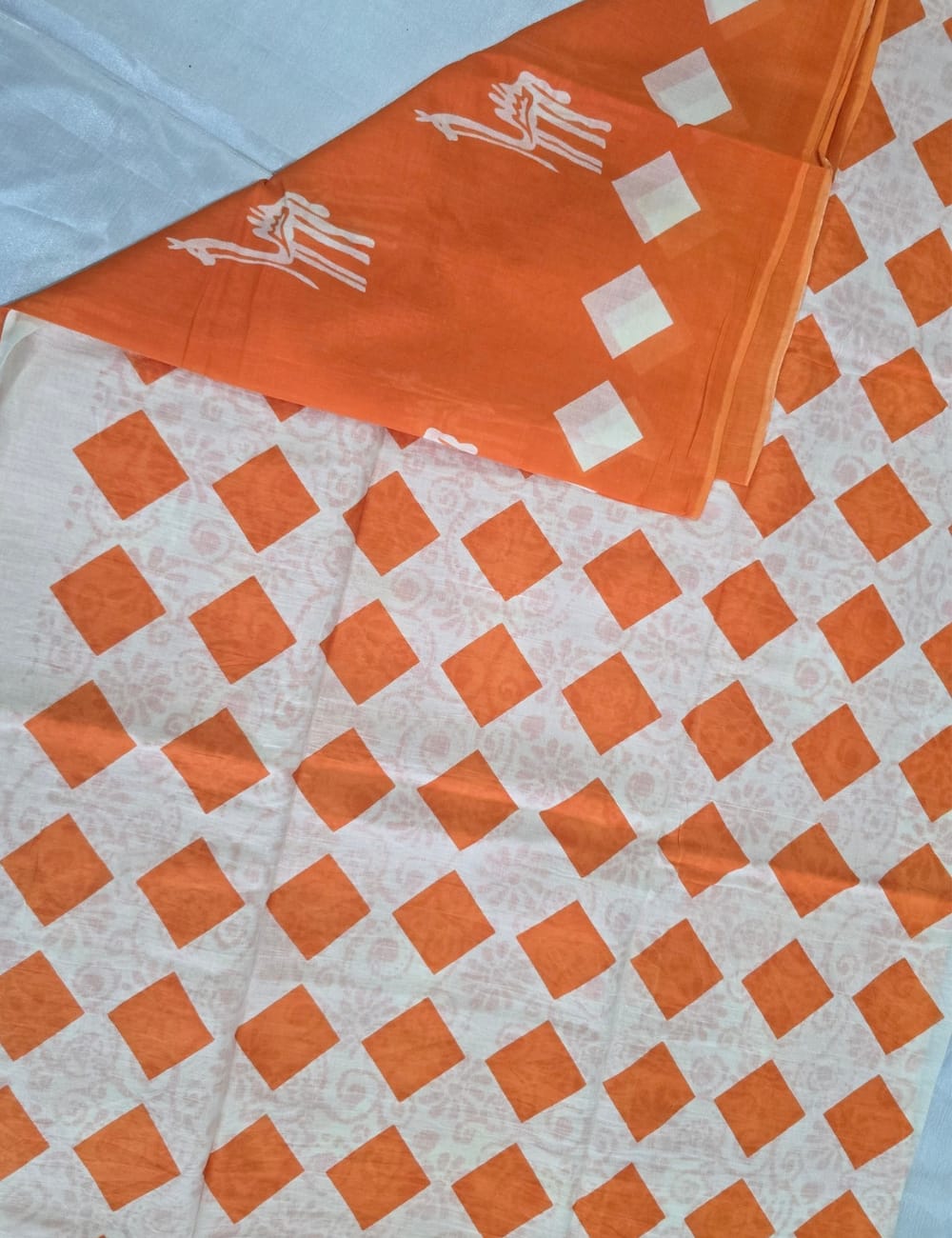 Pure Mulmul Cotton | White Bird & Geometric Print | Bright Orange Base | Soft, Lightweight & Breezy