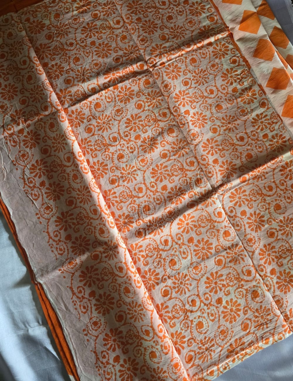 Pure Mulmul Cotton | White Bird & Geometric Print | Bright Orange Base | Soft, Lightweight & Breezy