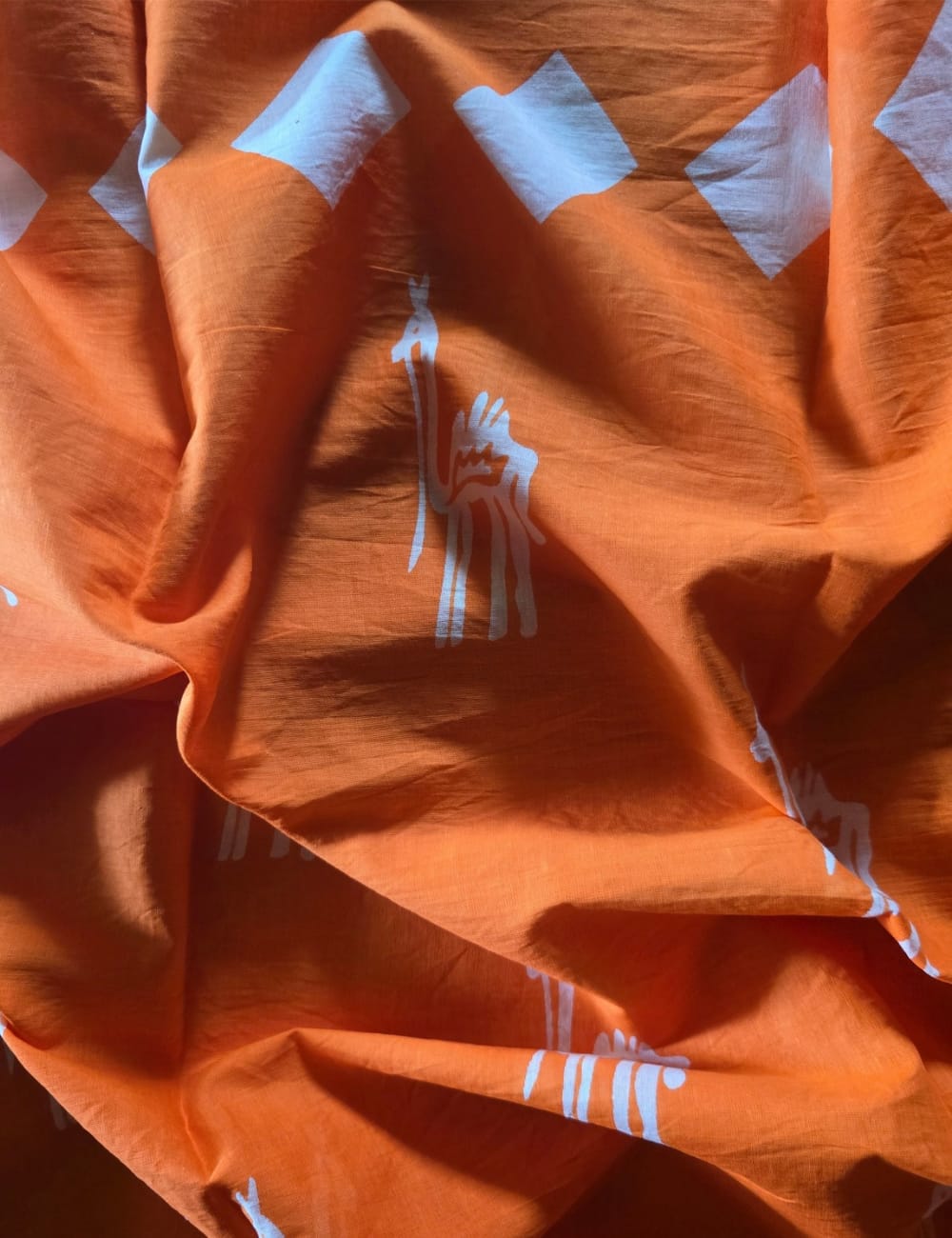 Pure Mulmul Cotton | White Bird & Geometric Print | Bright Orange Base | Soft, Lightweight & Breezy