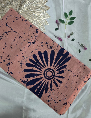 Pure Mulmul Cotton | Navy Floral & Marble Print | Peach Base | Soft, Lightweight & Breezy