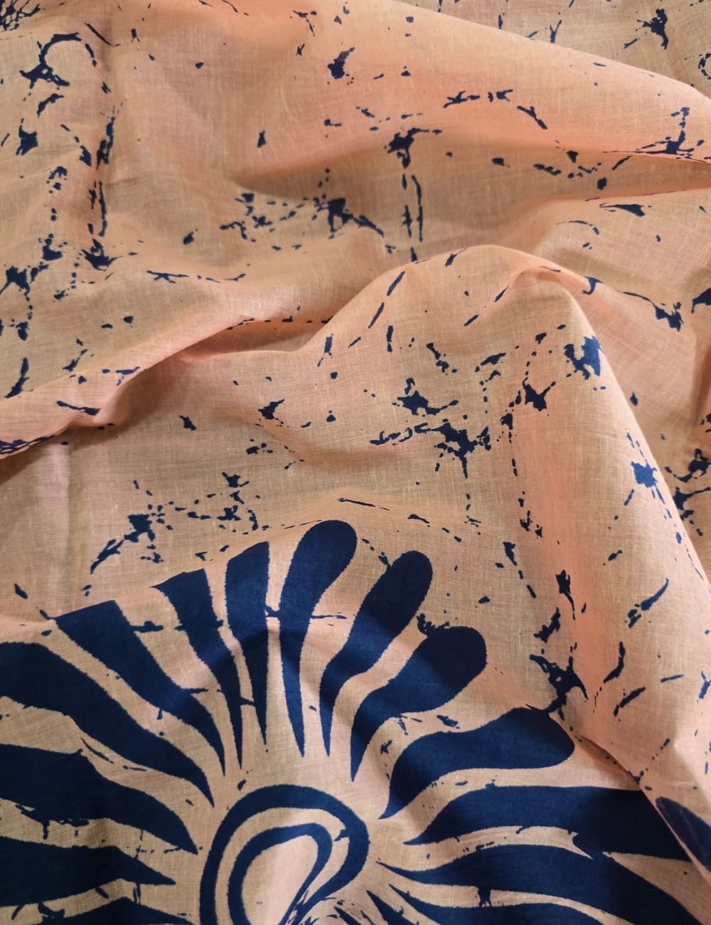 Pure Mulmul Cotton | Navy Floral & Marble Print | Peach Base | Soft, Lightweight & Breezy