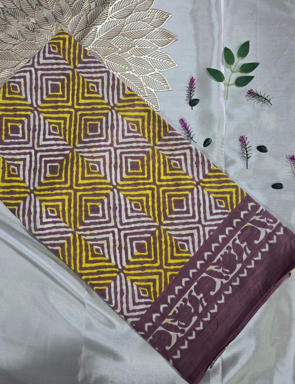 Pure Mulmul Cotton | Yellow Geometric Block Print | Mauve Base with Floral Border | Soft, Lightweight & Breezy