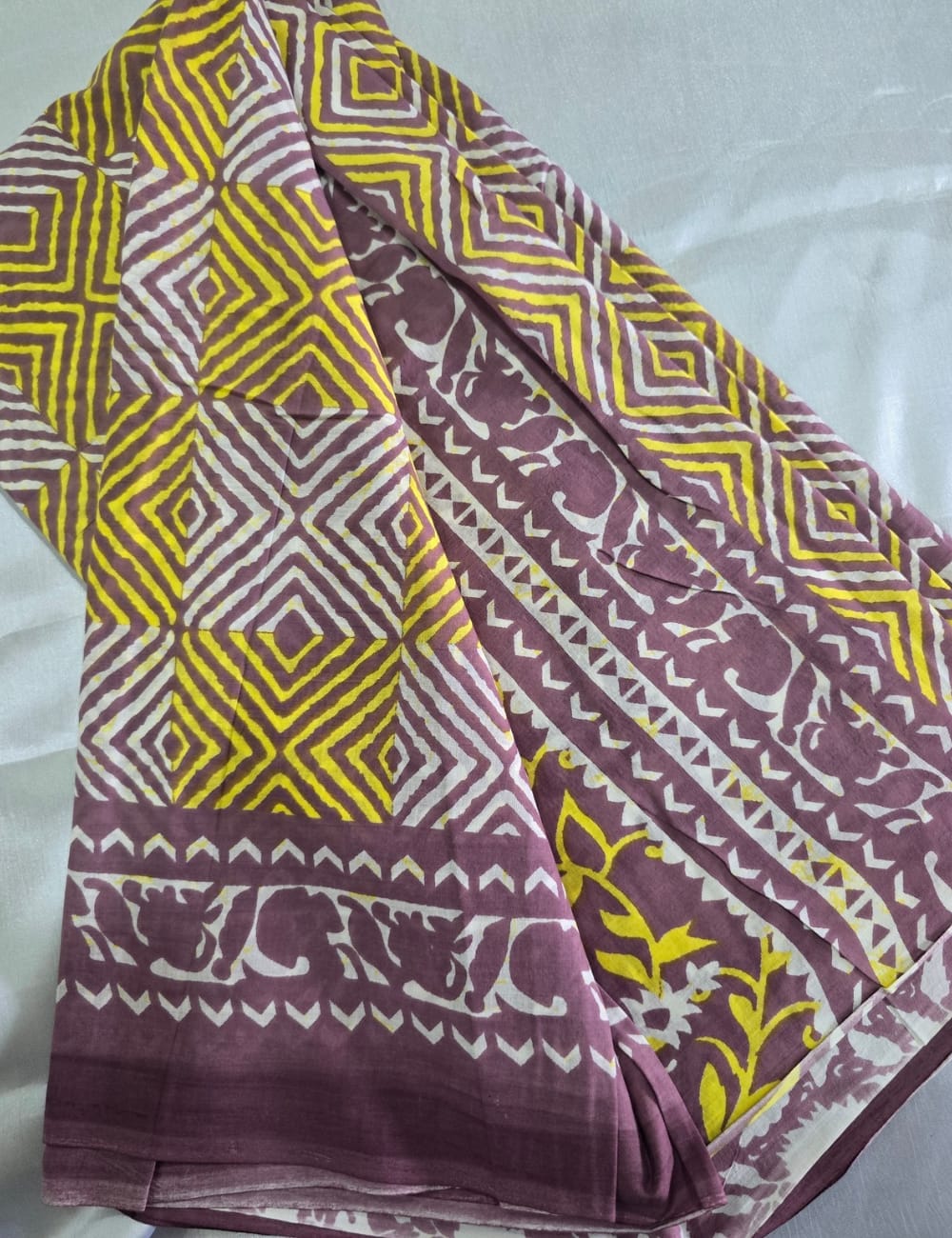 Pure Mulmul Cotton | Yellow Geometric Block Print | Mauve Base with Floral Border | Soft, Lightweight & Breezy