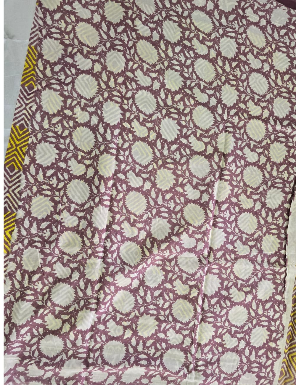 Pure Mulmul Cotton | Yellow Geometric Block Print | Mauve Base with Floral Border | Soft, Lightweight & Breezy