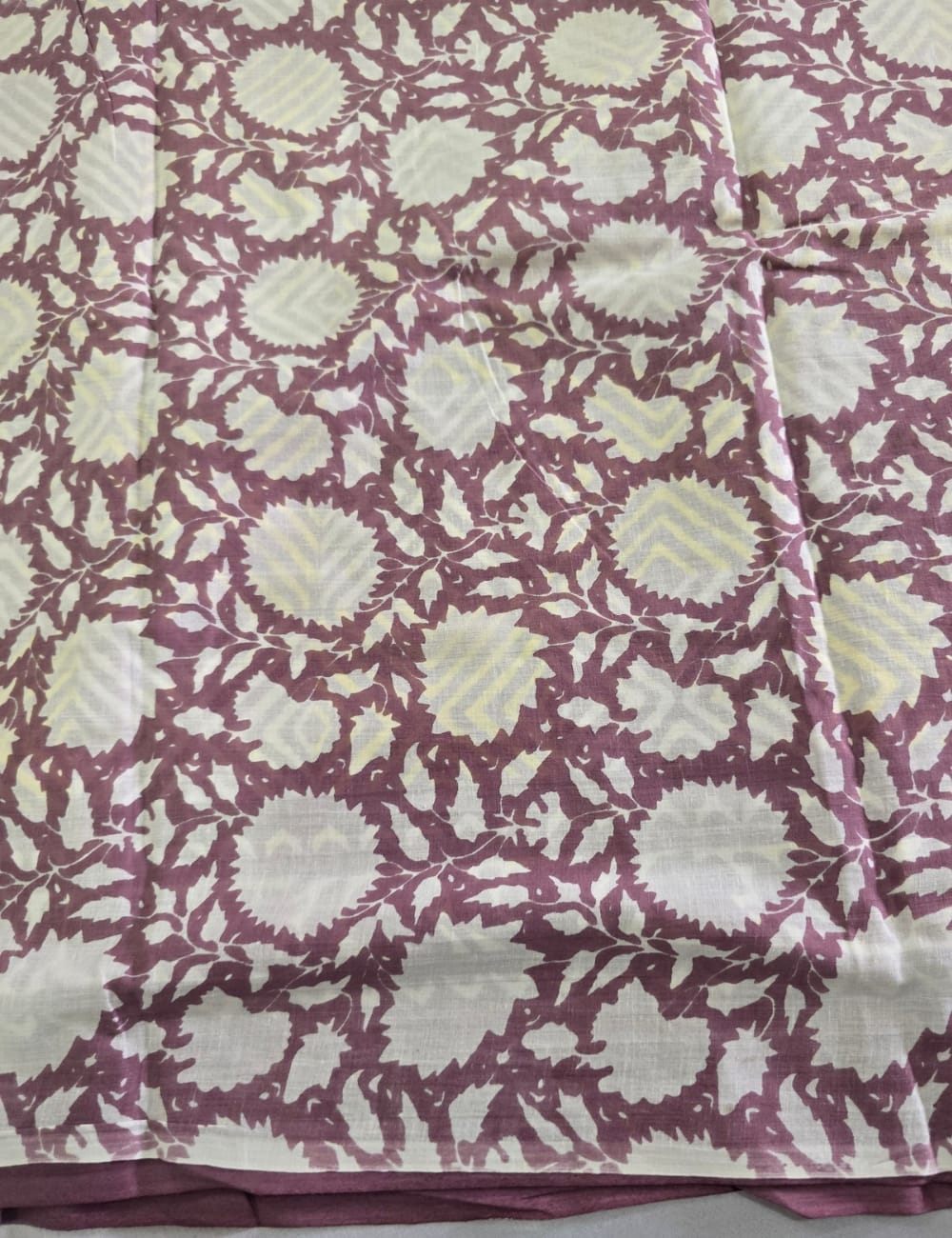 Pure Mulmul Cotton | Yellow Geometric Block Print | Mauve Base with Floral Border | Soft, Lightweight & Breezy