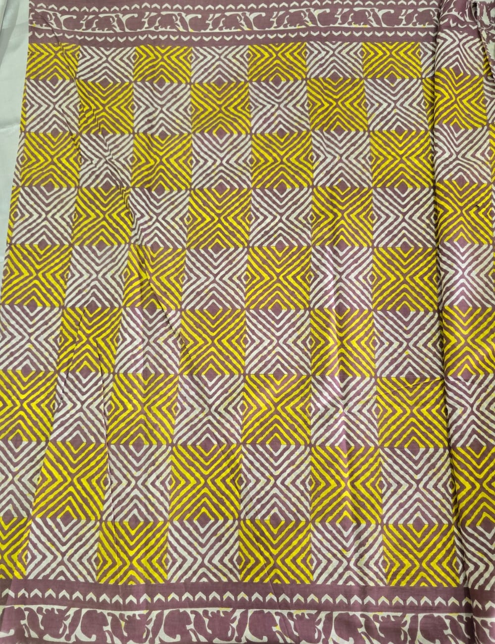 Pure Mulmul Cotton | Yellow Geometric Block Print | Mauve Base with Floral Border | Soft, Lightweight & Breezy