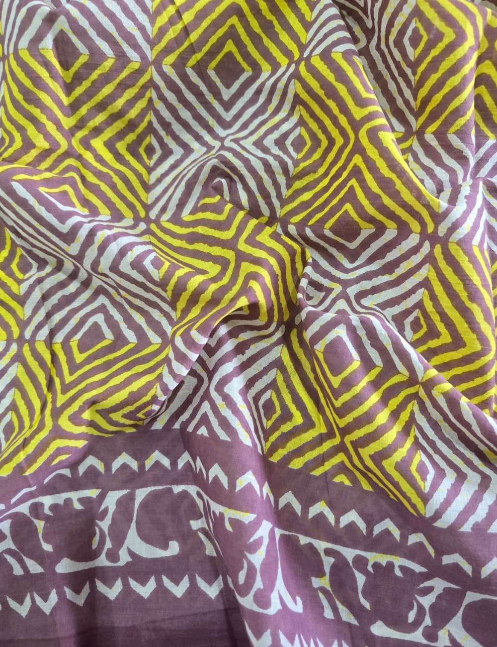 Pure Mulmul Cotton | Yellow Geometric Block Print | Mauve Base with Floral Border | Soft, Lightweight & Breezy