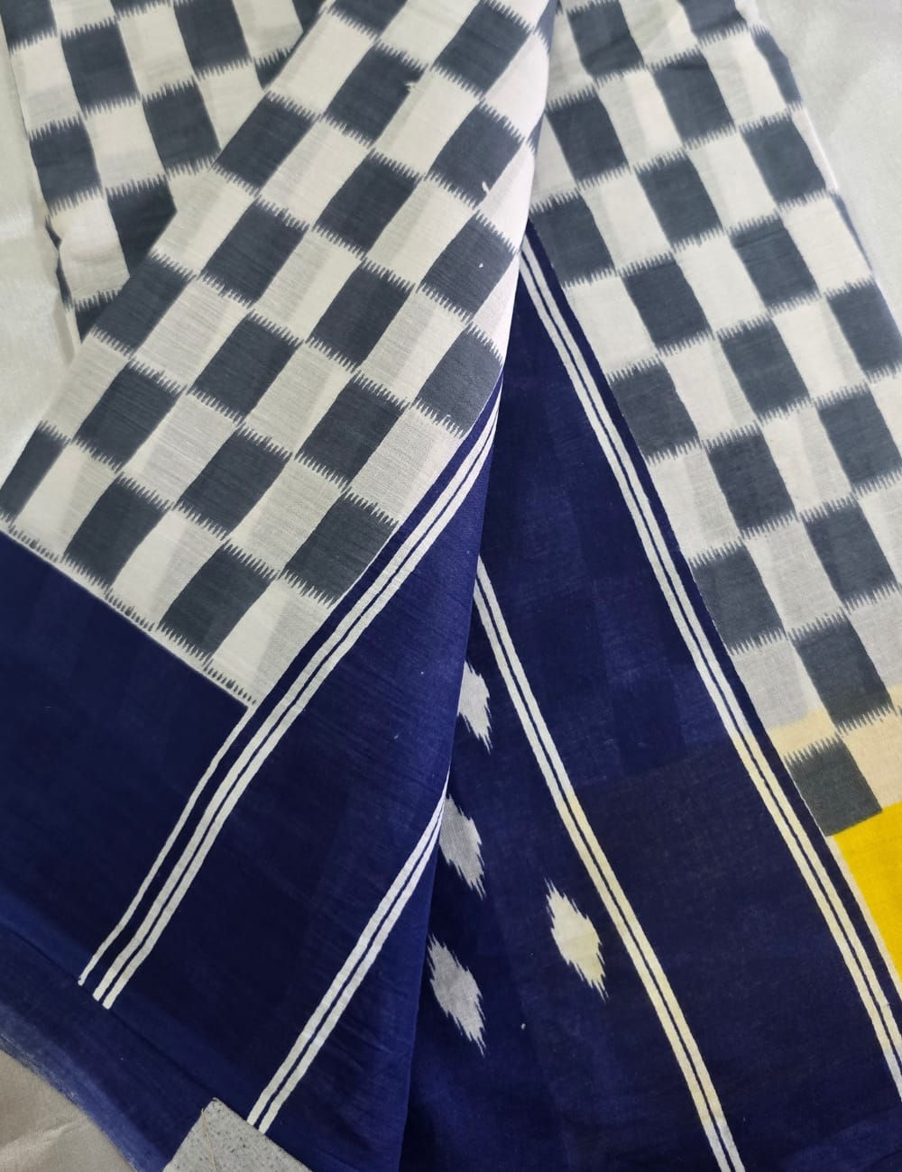 Classic Navy Checkered Mulmul Cotton Saree with Sunshine Yellow Border