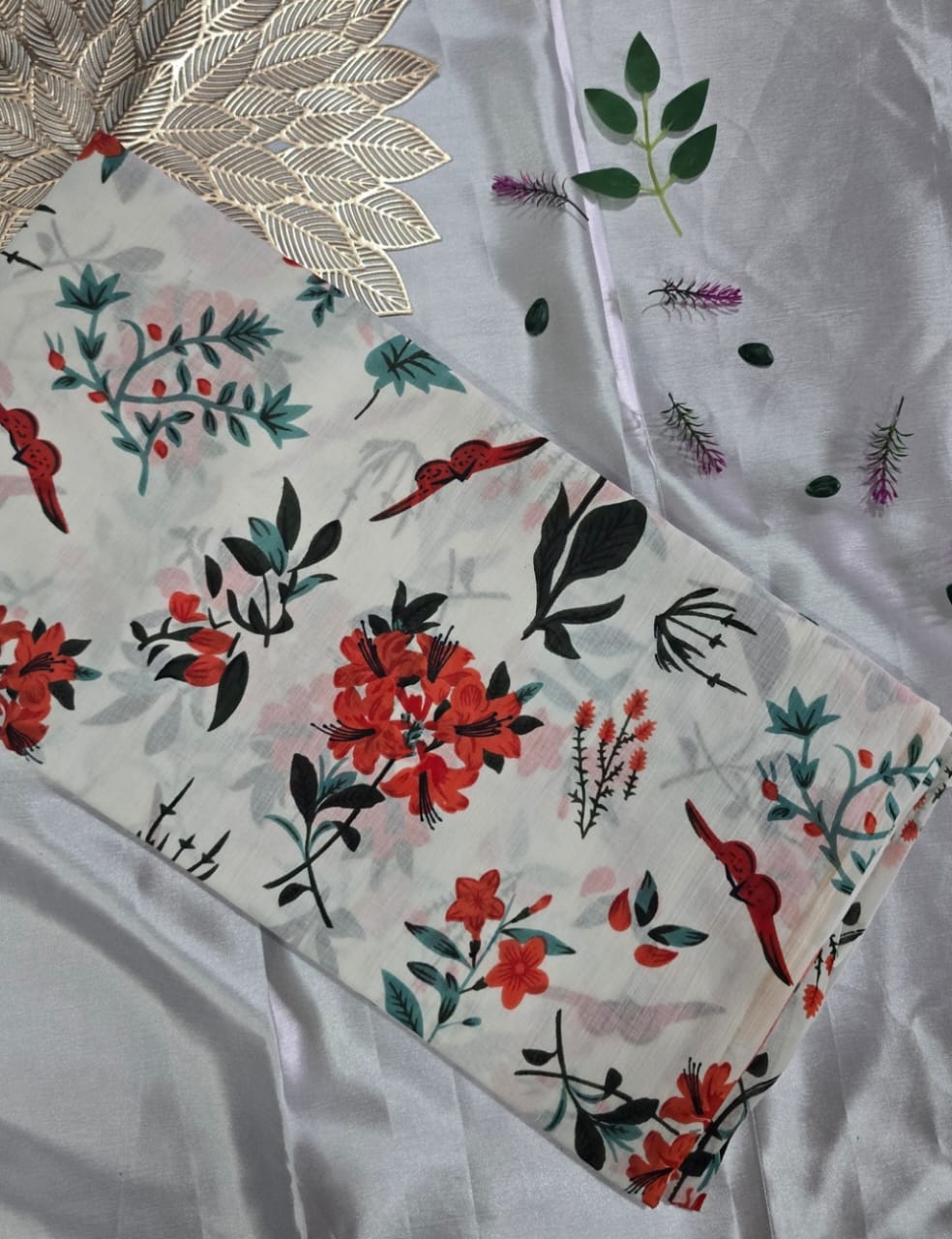 Ivory White Mulmul Cotton Saree with Red Floral & Bird Print