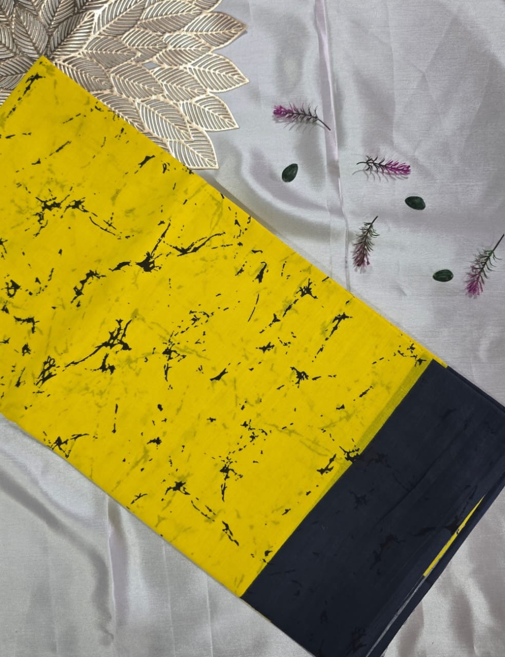 Bright Yellow Marble Print Mulmul Cotton Saree with Black Border