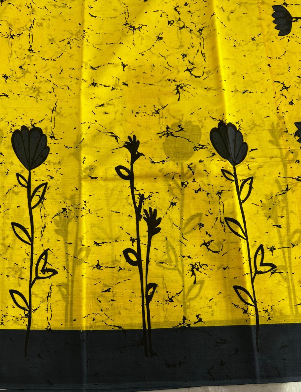 Bright Yellow Marble Print Mulmul Cotton Saree with Black Border