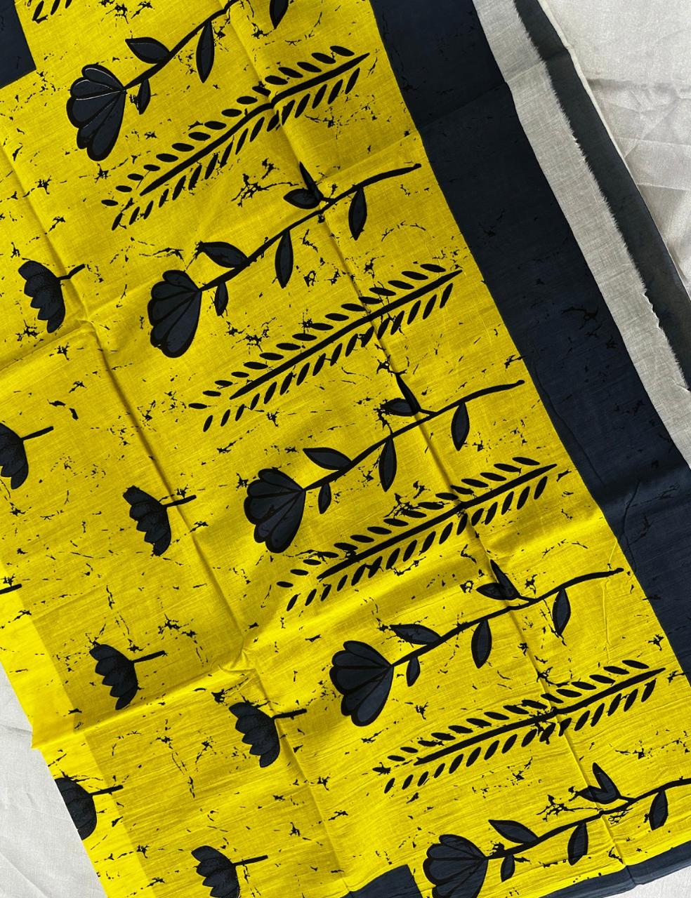 Bright Yellow Marble Print Mulmul Cotton Saree with Black Border