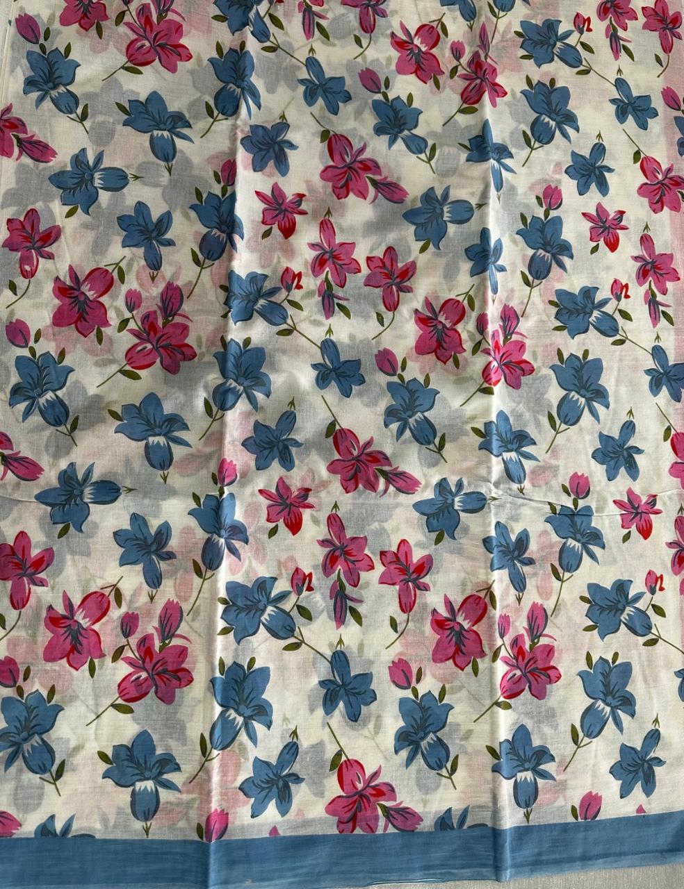 White Mulmul Cotton Saree with Blue & Pink Floral Print and Contrast Pink Border