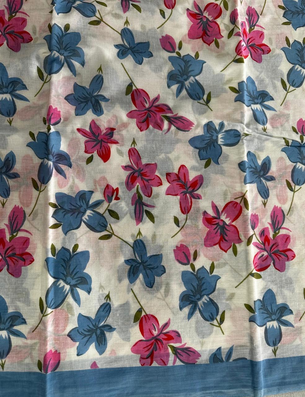 White Mulmul Cotton Saree with Blue & Pink Floral Print and Contrast Pink Border