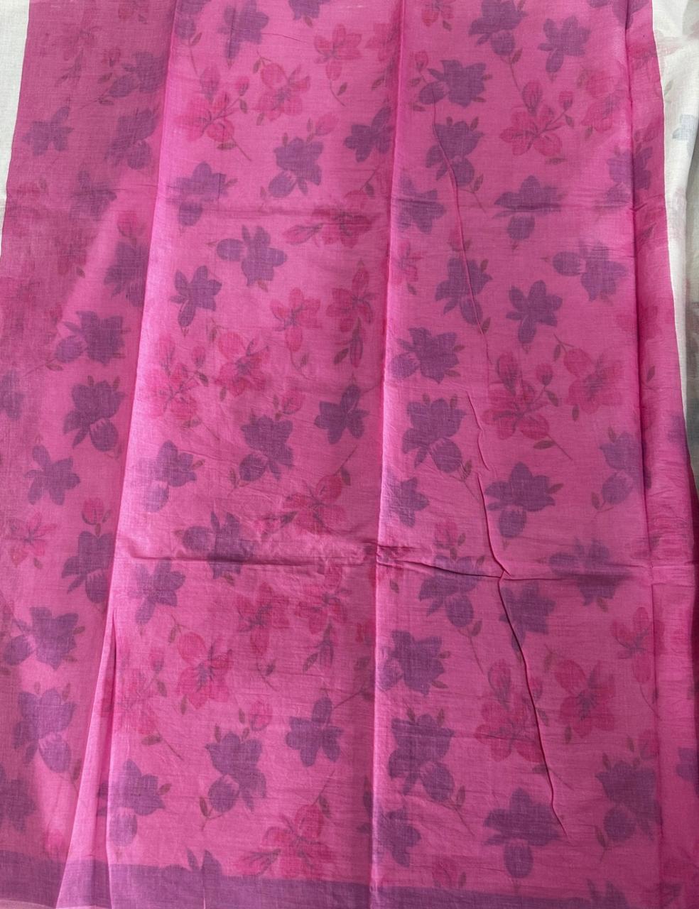 White Mulmul Cotton Saree with Blue & Pink Floral Print and Contrast Pink Border