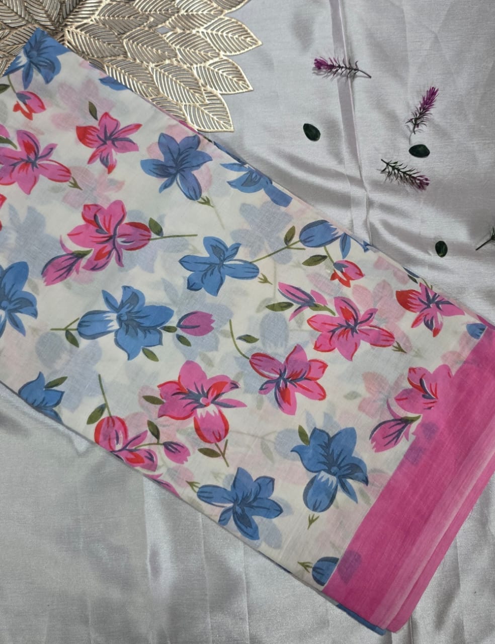 White Mulmul Cotton Saree with Blue & Pink Floral Print and Contrast Pink Border