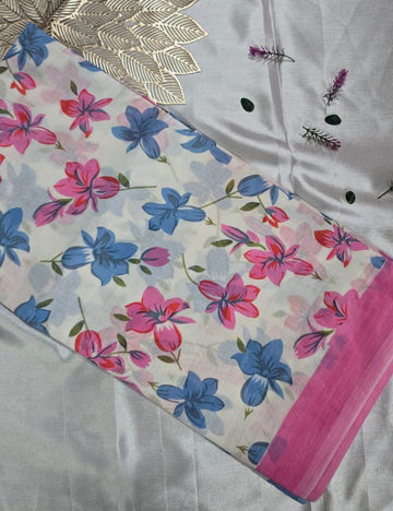 White Mulmul Cotton Saree with Blue & Pink Floral Print and Contrast Pink Border