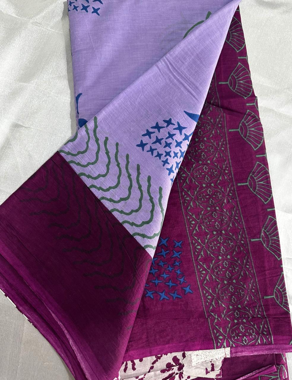Lavender Mulmul Cotton Saree with Leaf & Abstract Print and Contrast Maroon Border