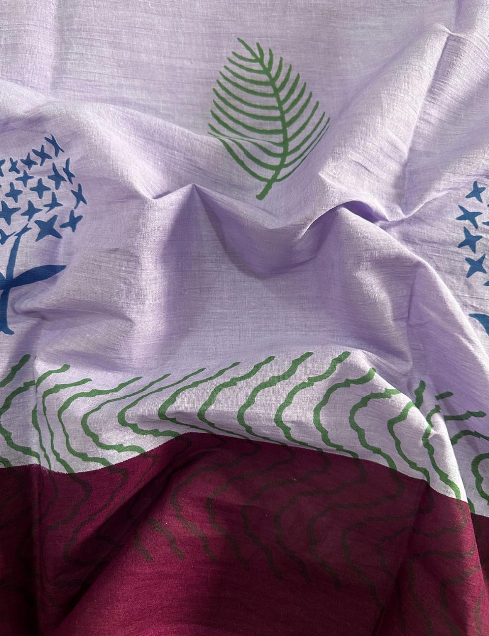 Lavender Mulmul Cotton Saree with Leaf & Abstract Print and Contrast Maroon Border