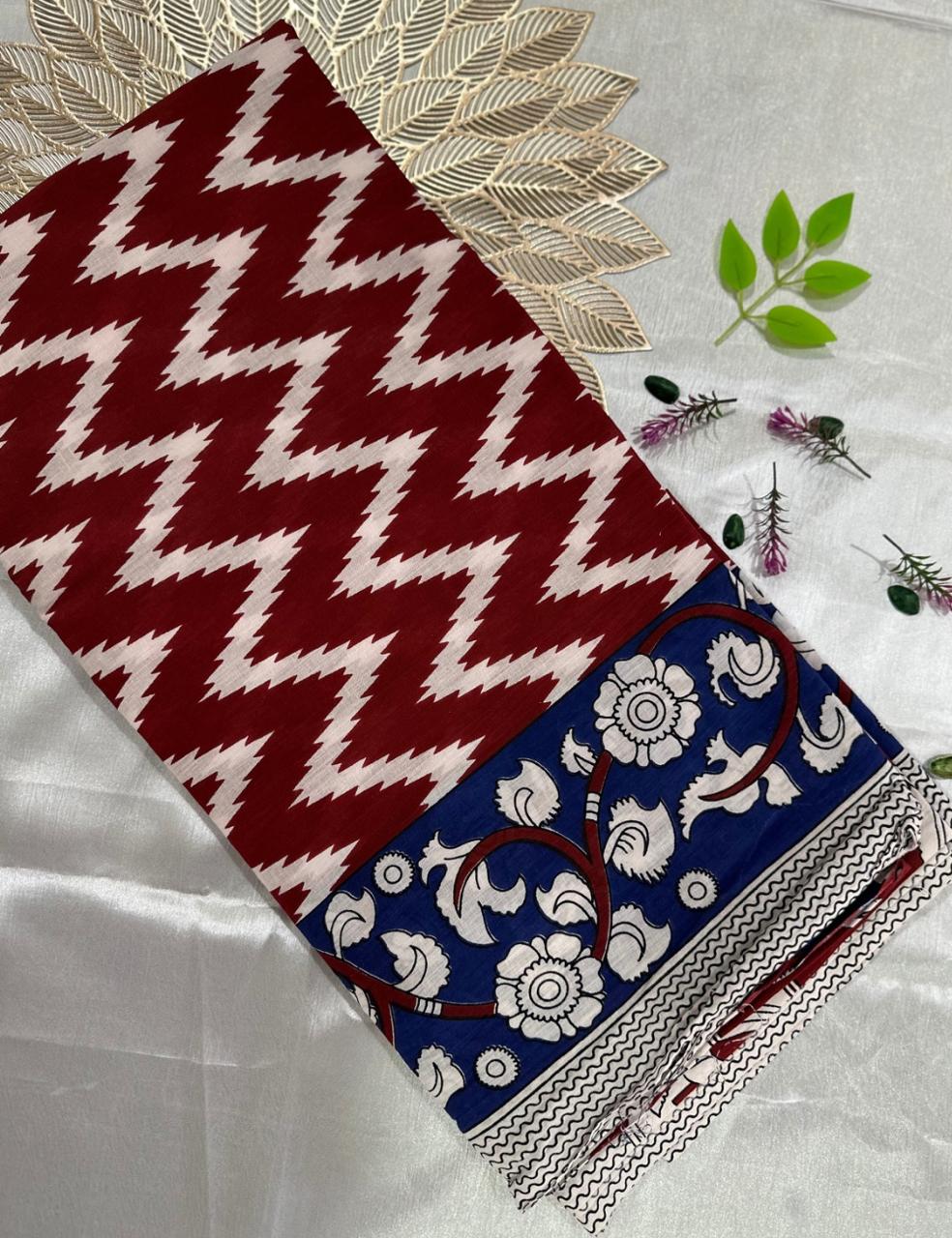 Pure Mulmul Cotton | Chevron & Floral Print | Maroon–Cream with Blue Border | Soft, Lightweight & Breezy