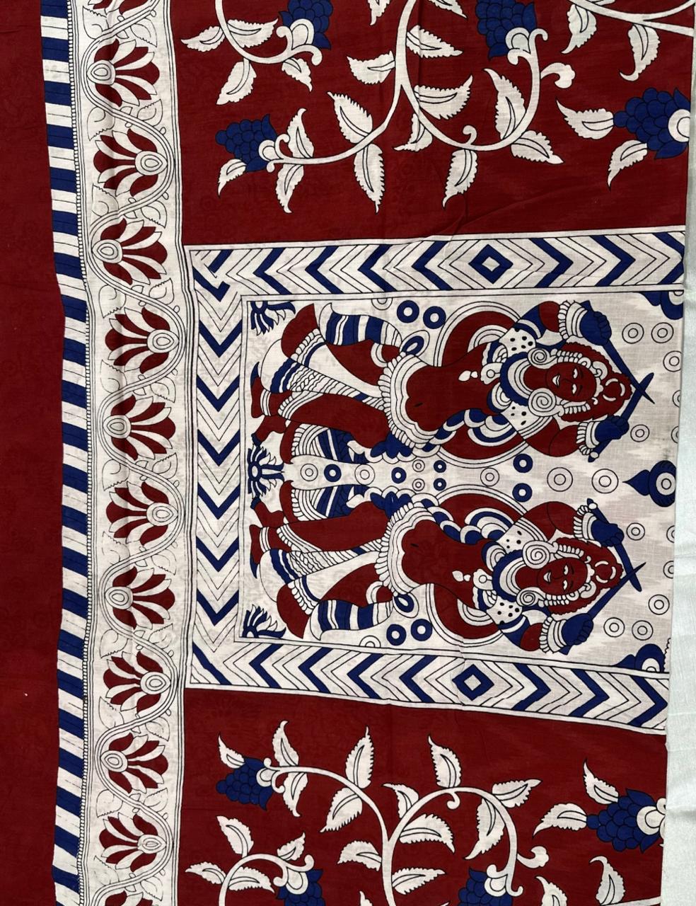 Pure Mulmul Cotton | Chevron & Floral Print | Maroon–Cream with Blue Border | Soft, Lightweight & Breezy