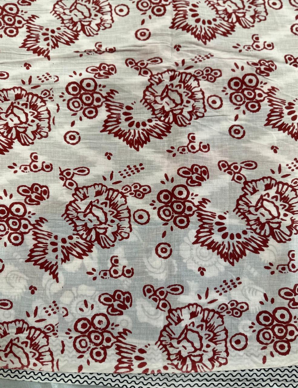 Pure Mulmul Cotton | Chevron & Floral Print | Maroon–Cream with Blue Border | Soft, Lightweight & Breezy