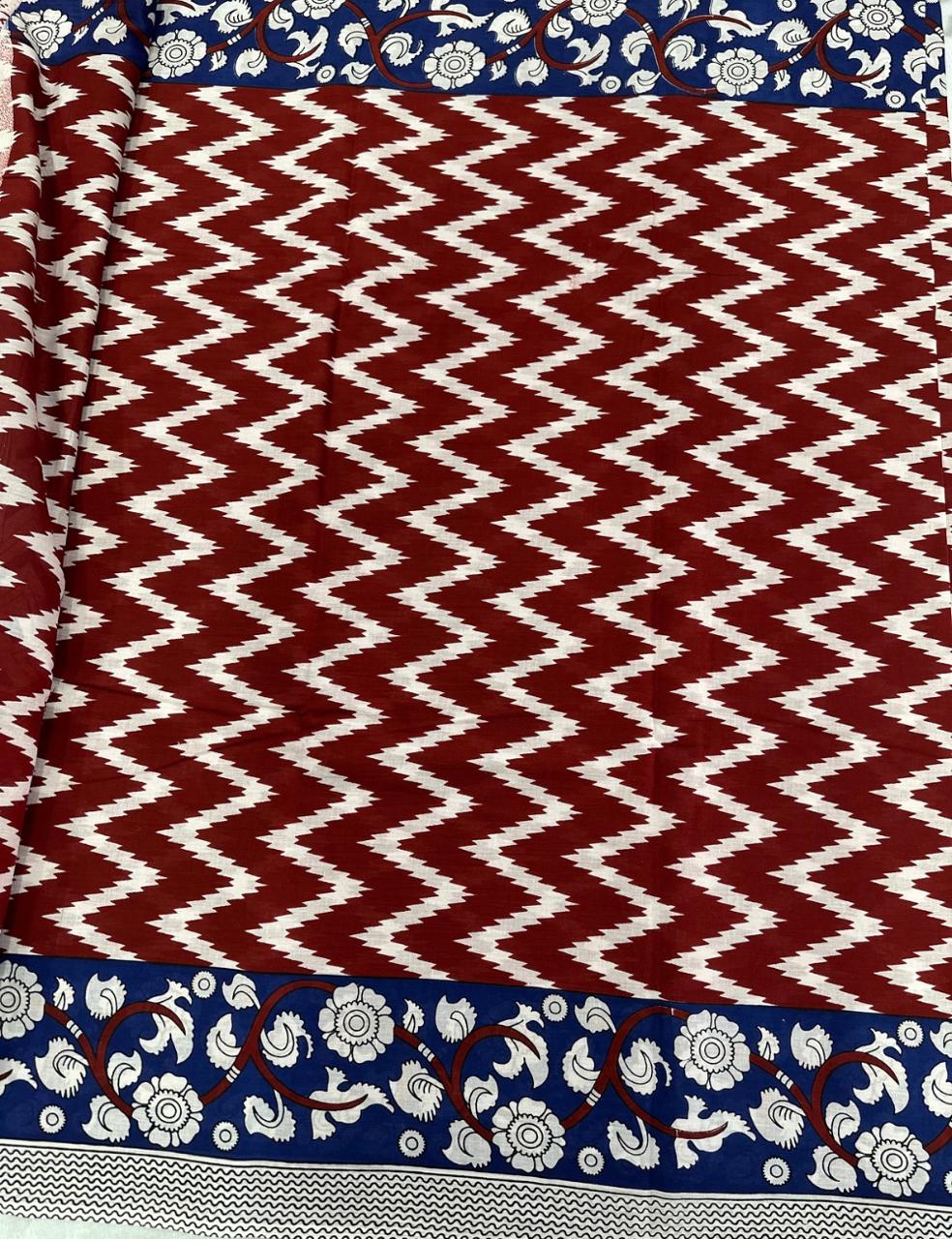 Pure Mulmul Cotton | Chevron & Floral Print | Maroon–Cream with Blue Border | Soft, Lightweight & Breezy