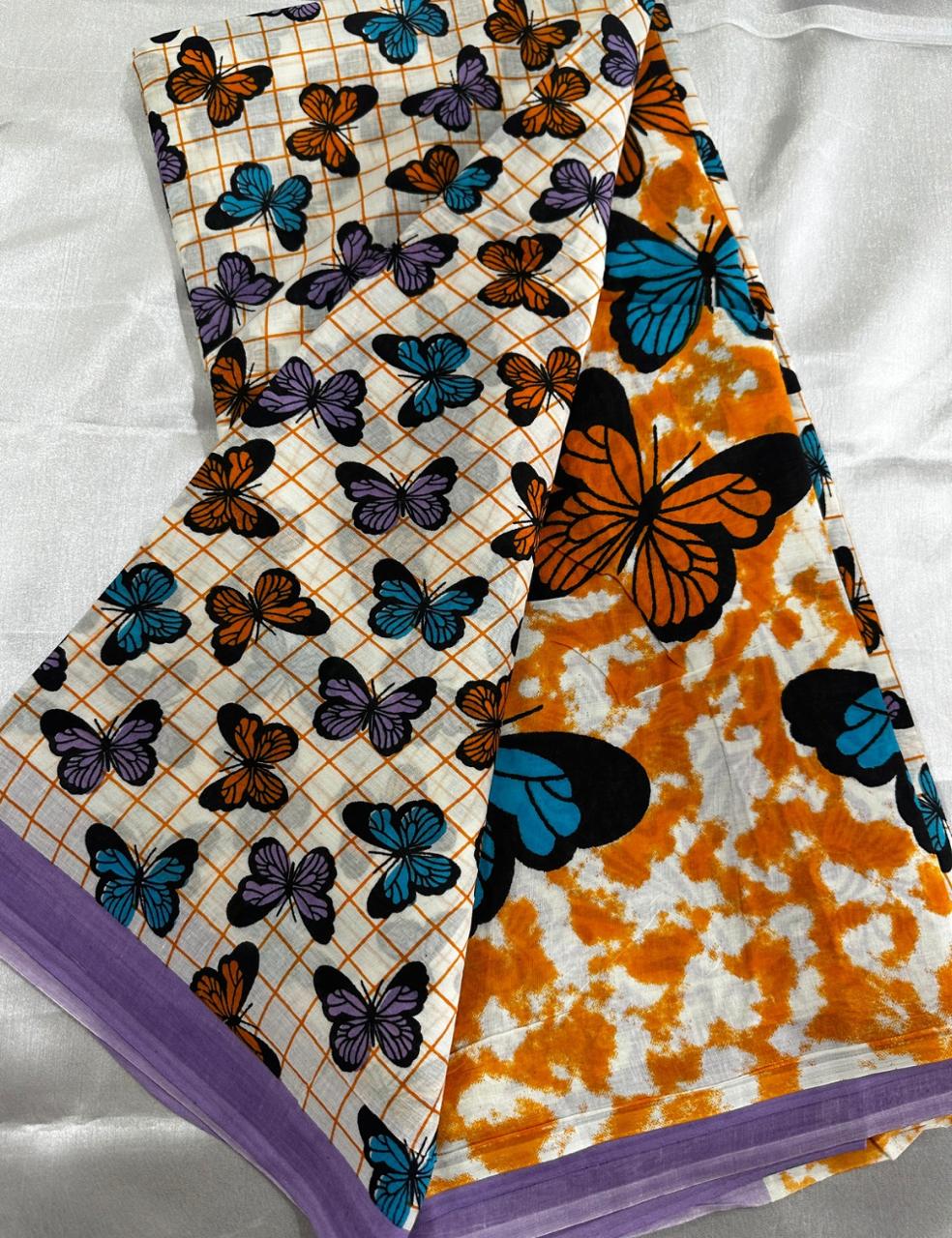 Pure Mulmul Cotton | Chevron & Floral Print | Maroon–Cream with Blue Border | Soft, Lightweight & Breezy