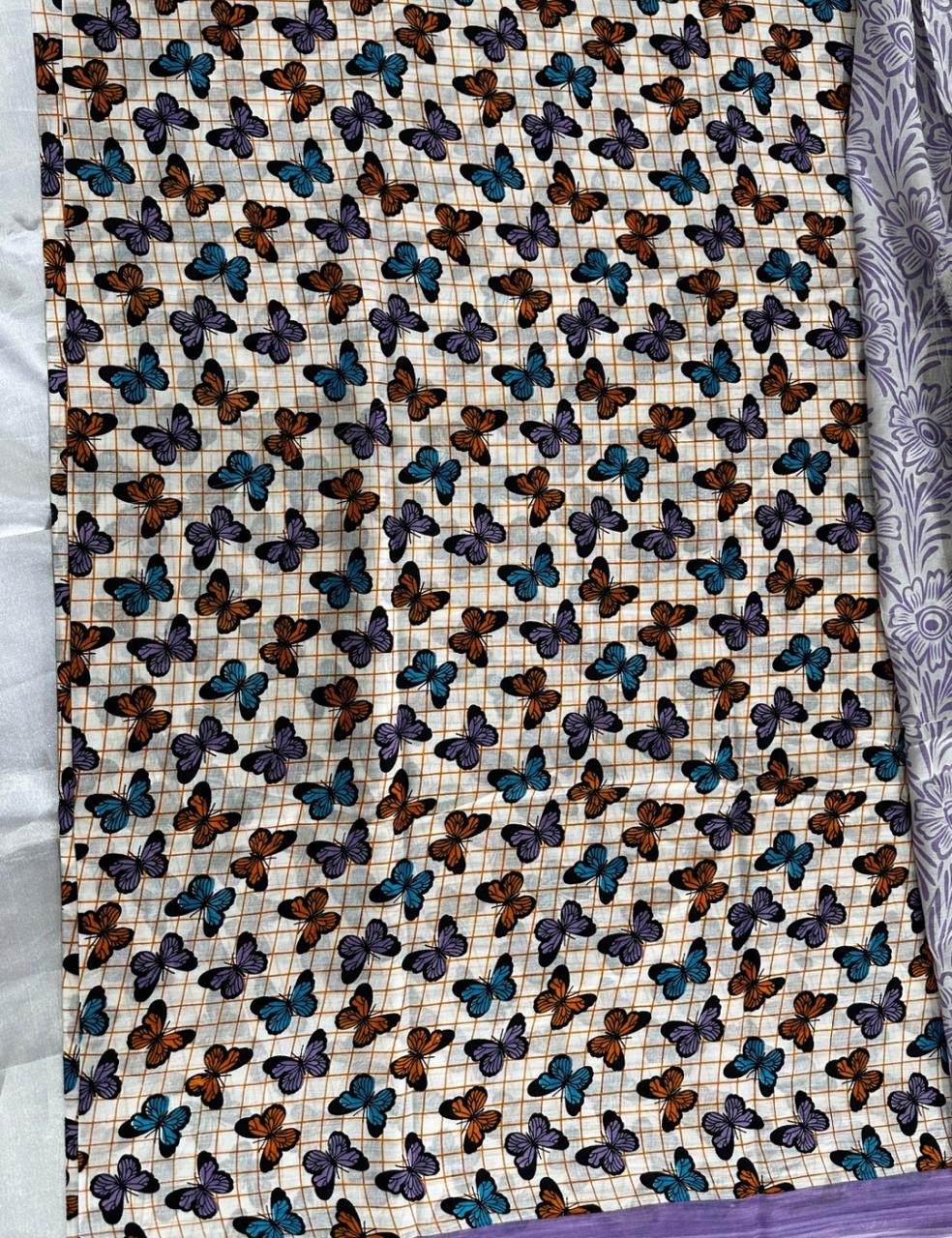 Pure Mulmul Cotton | Chevron & Floral Print | Maroon–Cream with Blue Border | Soft, Lightweight & Breezy