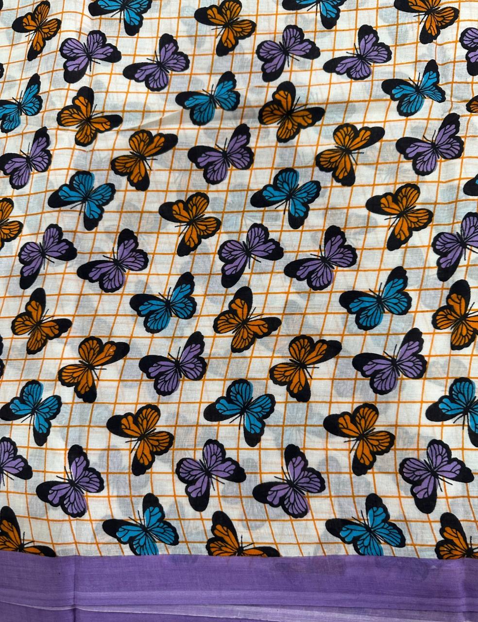 Pure Mulmul Cotton | Chevron & Floral Print | Maroon–Cream with Blue Border | Soft, Lightweight & Breezy