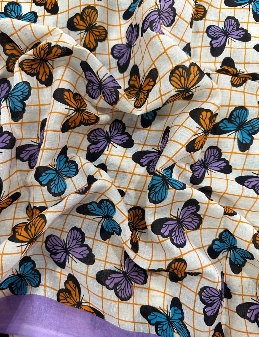 Pure Mulmul Cotton | Chevron & Floral Print | Maroon–Cream with Blue Border | Soft, Lightweight & Breezy