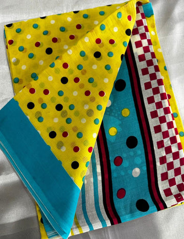 Pure Mulmul Cotton | Multicolor Polka Dots | Yellow Base with Sky-Blue Border | Lightweight & Breezy