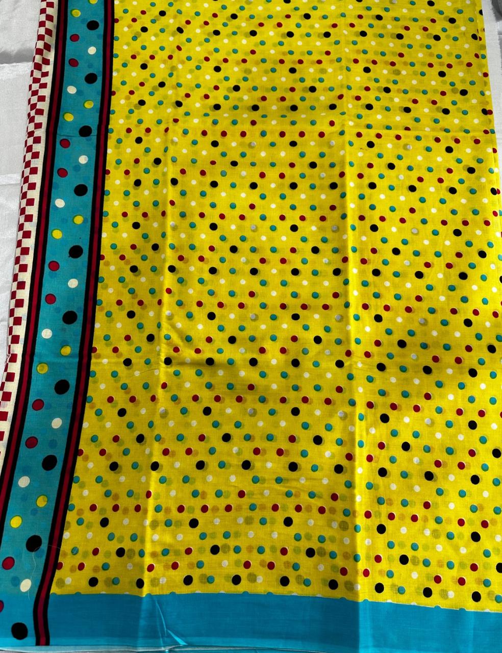 Pure Mulmul Cotton | Multicolor Polka Dots | Yellow Base with Sky-Blue Border | Lightweight & Breezy