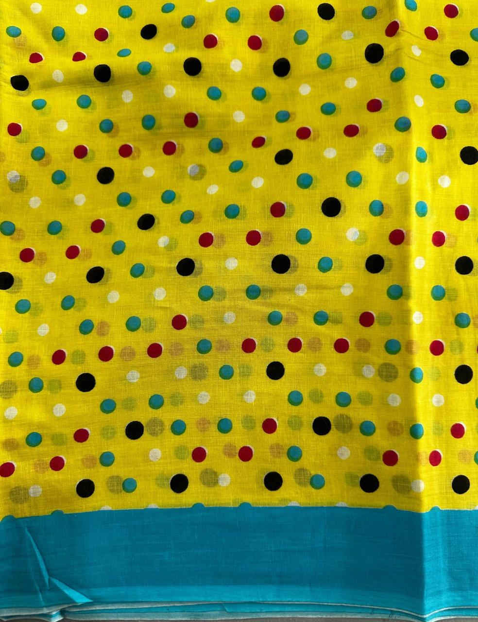 Pure Mulmul Cotton | Multicolor Polka Dots | Yellow Base with Sky-Blue Border | Lightweight & Breezy