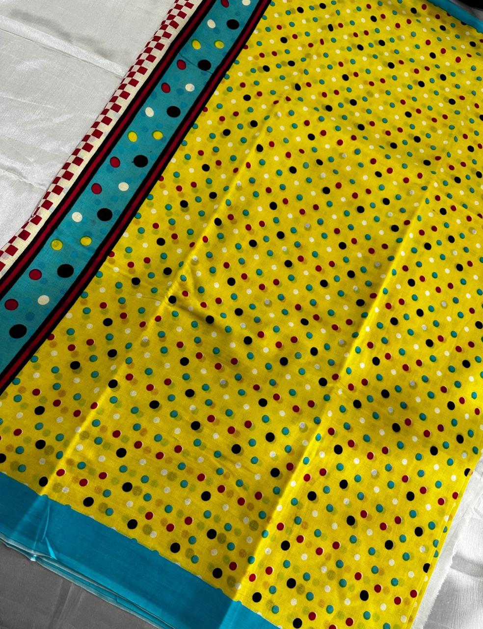 Pure Mulmul Cotton | Multicolor Polka Dots | Yellow Base with Sky-Blue Border | Lightweight & Breezy