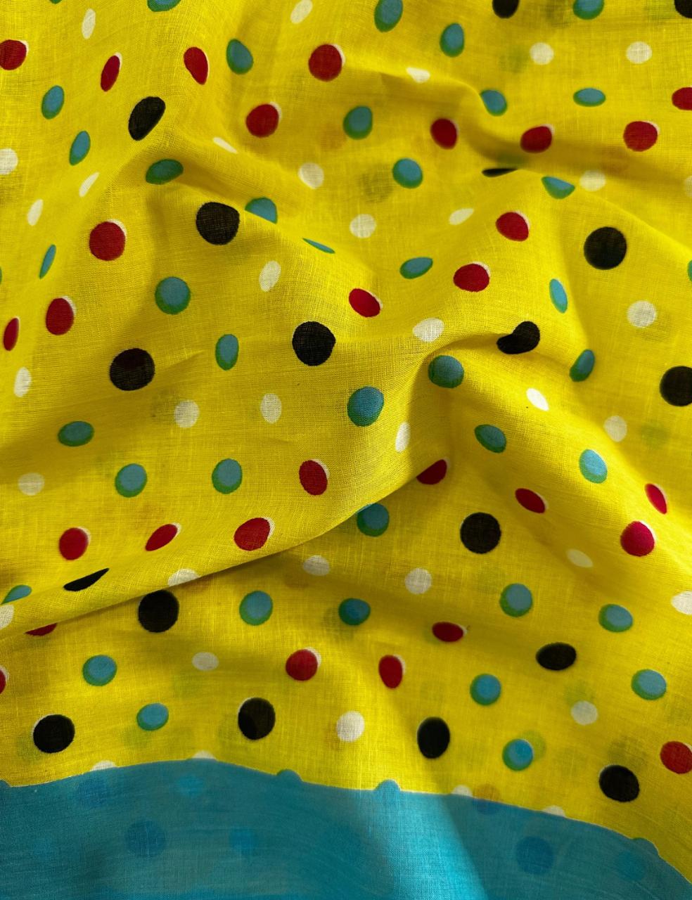 Pure Mulmul Cotton | Multicolor Polka Dots | Yellow Base with Sky-Blue Border | Lightweight & Breezy