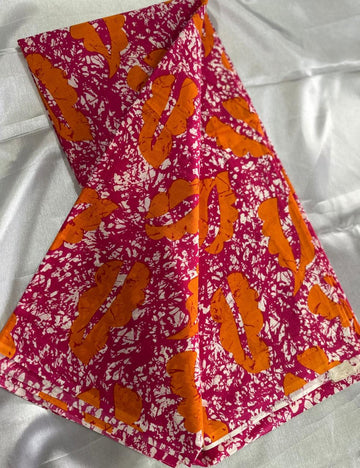 Pure Mulmul Cotton | Orange Batik Leaf Print | Magenta Base | Lightweight, Soft & Breezy