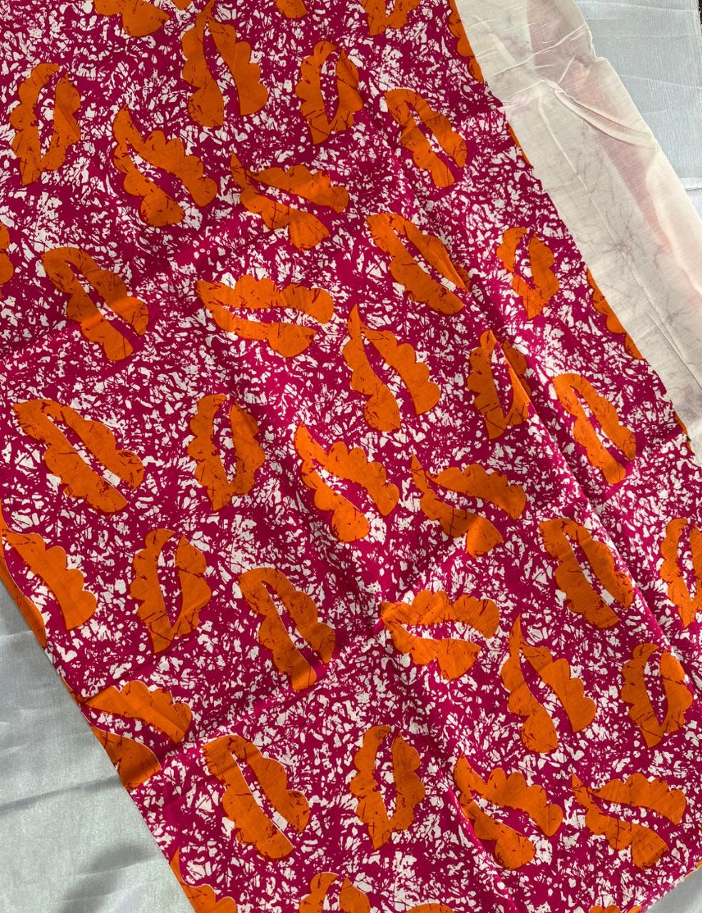 Pure Mulmul Cotton | Orange Batik Leaf Print | Magenta Base | Lightweight, Soft & Breezy