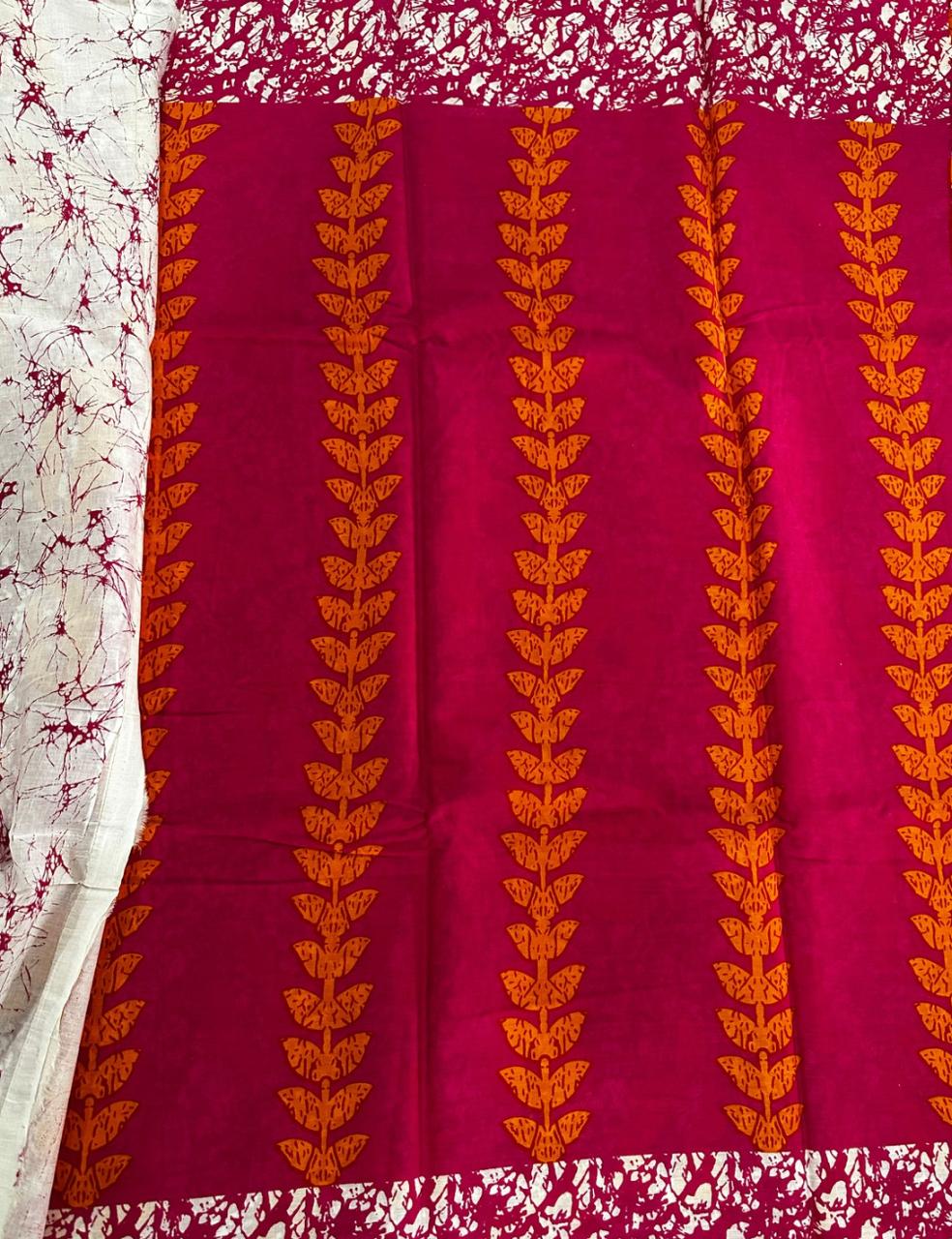Pure Mulmul Cotton | Orange Batik Leaf Print | Magenta Base | Lightweight, Soft & Breezy