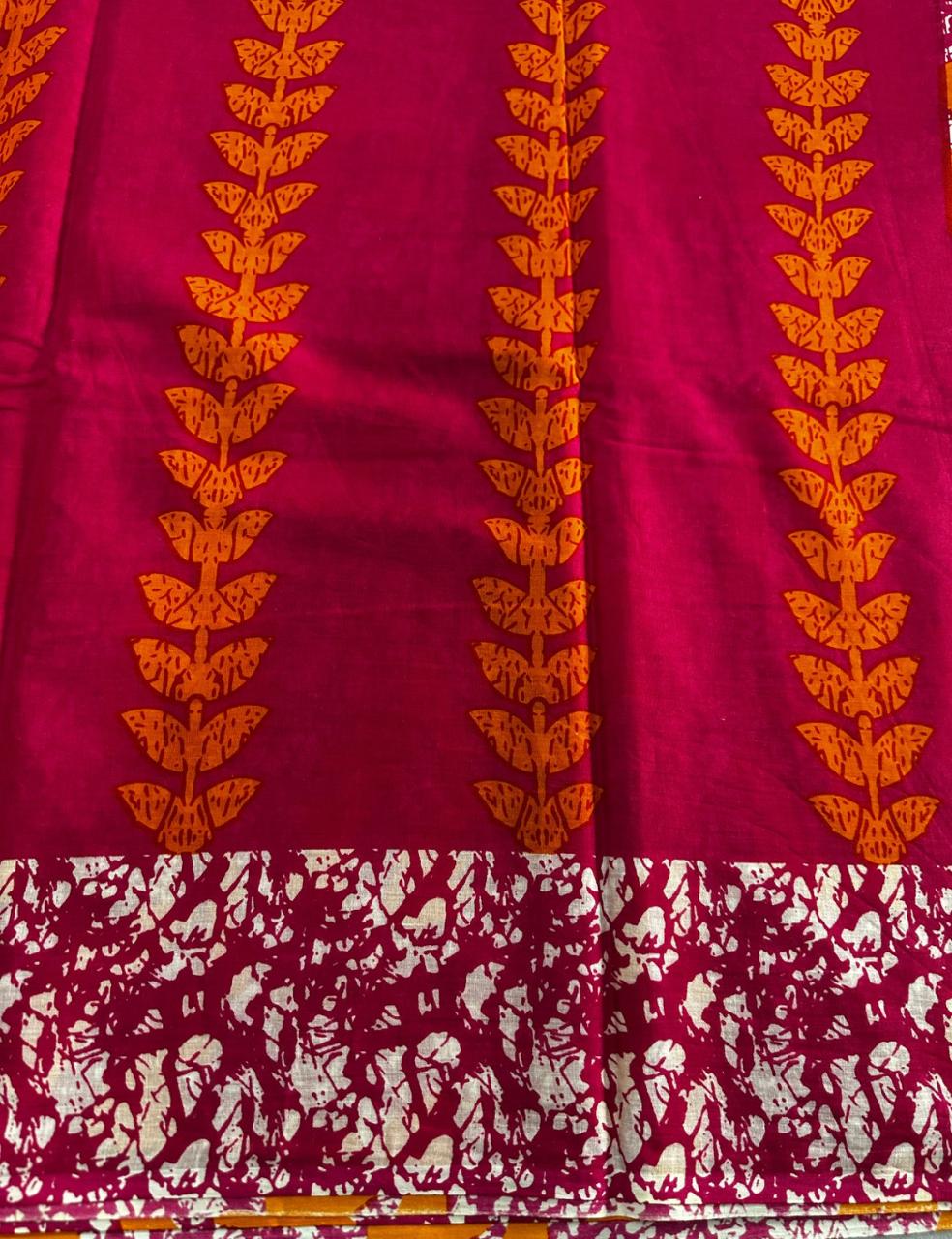Pure Mulmul Cotton | Orange Batik Leaf Print | Magenta Base | Lightweight, Soft & Breezy