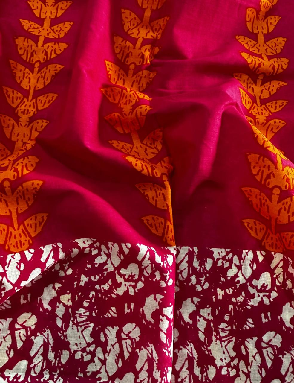 Pure Mulmul Cotton | Orange Batik Leaf Print | Magenta Base | Lightweight, Soft & Breezy