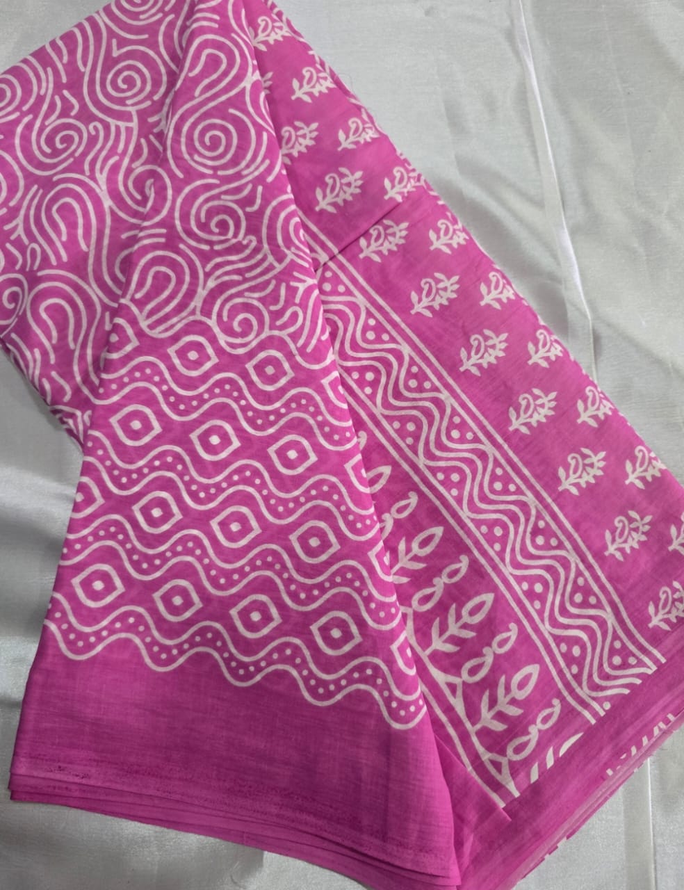Pure Mulmul Cotton | White Handblock Floral & Swirl Print | Bright Pink Base | Soft, Lightweight & Breezy