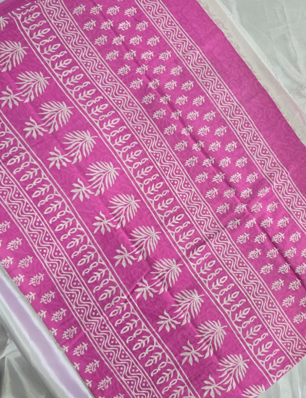 Pure Mulmul Cotton | White Handblock Floral & Swirl Print | Bright Pink Base | Soft, Lightweight & Breezy