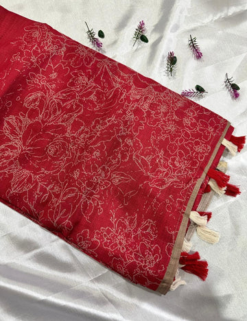 Classic Red Jute Silk Saree with Floral Weave