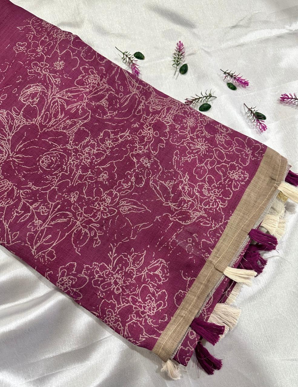 Elegant Magenta Jute Silk Saree with Golden Border & Floral Weave